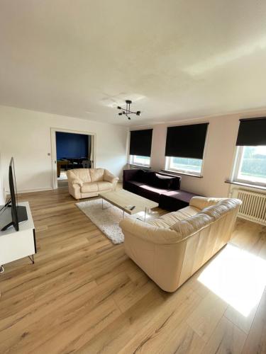 a living room with two couches and a television at Seven Palms Villa in Rødby