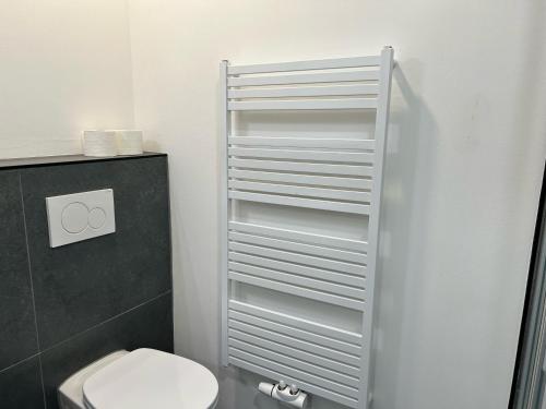 ゲーラにあるBüchner 52-1の黒い壁のバスルーム(白いトイレ付)