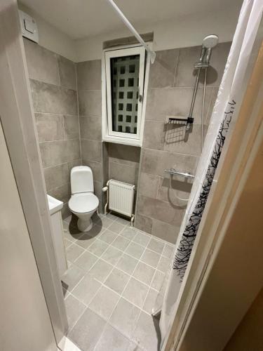 a bathroom with a toilet and a window at Seven Palms Villa in Rødby