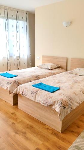two beds in a bedroom with blue mats on them at Guesthouse River House in Svilengrad