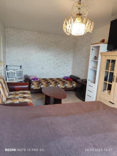 a living room with a couch and a chandelier at Oll APPARTMANT FOR YOU in Tallinn