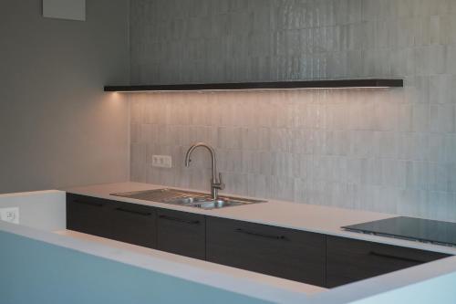 a kitchen with a sink and a counter top at Ferme de Pétrieux - Gîte "Le Peuplier" avec piscine et wellness in Tournai