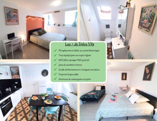 a collage of four pictures of a room with a bedroom at Charme et confort au coeur de Mulhouse - Dolce Vita in Mulhouse