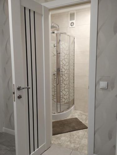 a bathroom with a shower with a glass door at Апартаменти ЖК Скеля in Yaremche