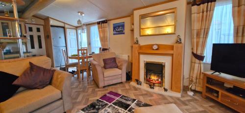 a living room with a fireplace and a television at MOLLIES DEN 6 Berth 2 Bedrooms Waterside Leisure Park Ingoldmells in Ingoldmells
