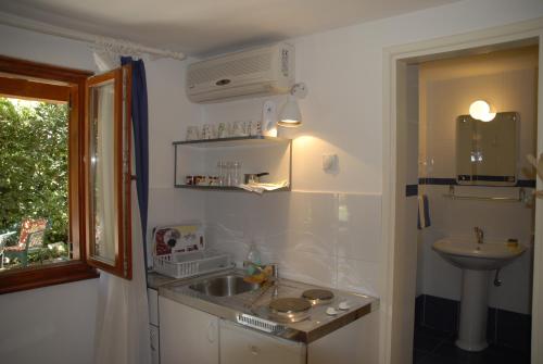 eine kleine Küche mit einem Waschbecken und einem Waschbecken in der Unterkunft Holiday Home Olive Tree in Budva