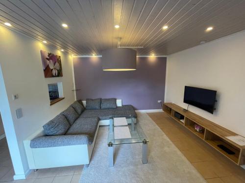 a living room with a couch and a flat screen tv at Wohnung mit Gartenblick in Hofgeismar