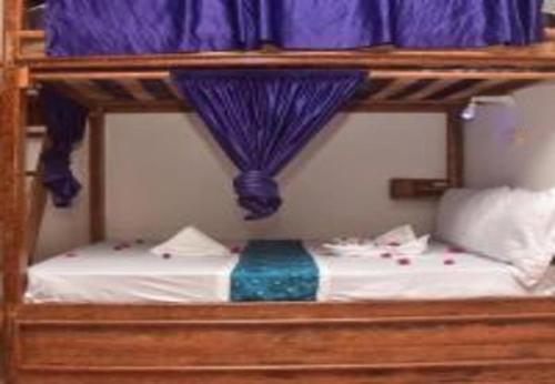 a bedroom with a bunk bed with a blue curtain at Utulivu Bungalow in Nungwi