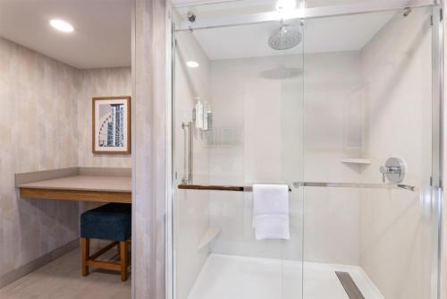 a bathroom with a shower with a glass door at Hampton Inn Lawrenceville Duluth in Lawrenceville