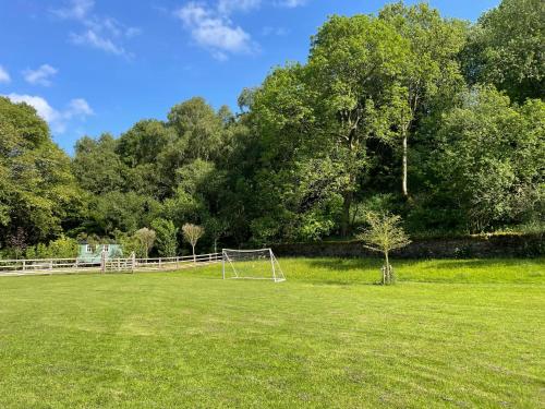 a soccer field with a goal in the grass at Stream Side Shepherds Hut in Hazlehead Bridge