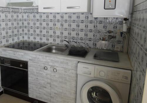 a kitchen with a sink and a washing machine at Les Morèses in Amélie-les-Bains-Palalda