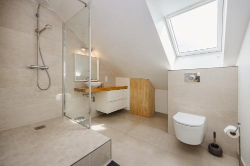 a bathroom with a shower and a toilet and a window at Le Cosy Comble - 10 min Campus Kerlann in Le Pont Réan