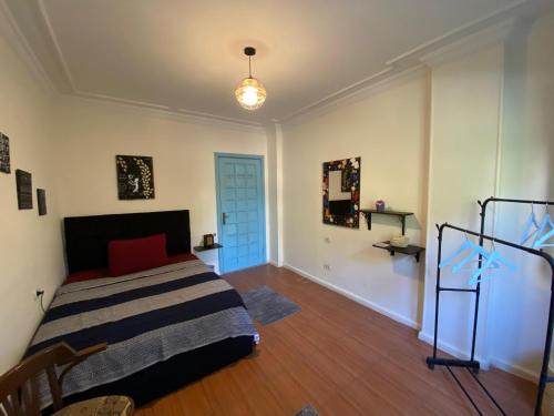 a bedroom with a bed and a blue door at Branch Loft room in the Treehouse in Cairo