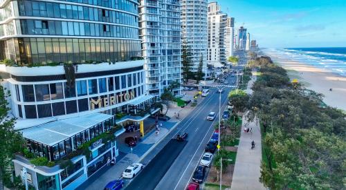 an aerial view of a city street with buildings and the ocean at Sky-High Sanctuary Ocean Views - Pet Friendly in Gold Coast