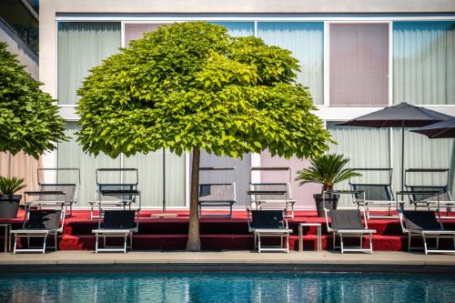 a group of chairs and a tree next to a pool at goldfinger + suites in Lana