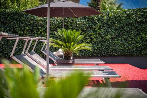 a bench with an umbrella and a potted plant at goldfinger + suites in Lana