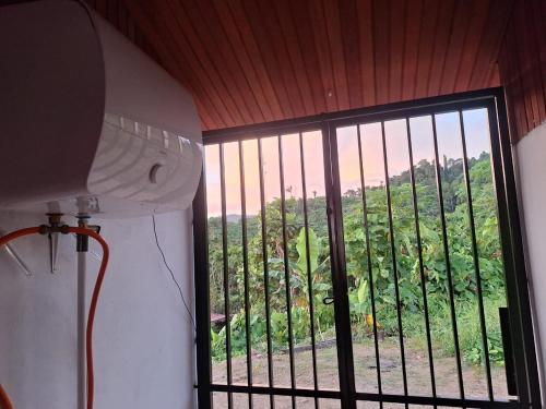 a window in a room with a view of a field at Raja Ampat Koba-koba Guest House in Waisai