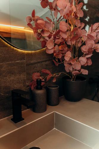 a bathroom sink with two plants and a mirror at Villa Gerês Emblematico - Piscina & Jacuzzi in Venda Nova
