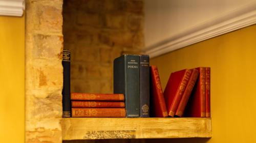 a shelf with books sitting on a wall at Paradise Penthouse in Downham Market