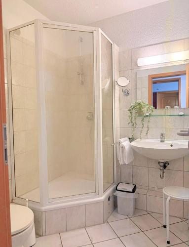 a bathroom with a shower and a sink at Hotel Alt Oesselse in Hannover