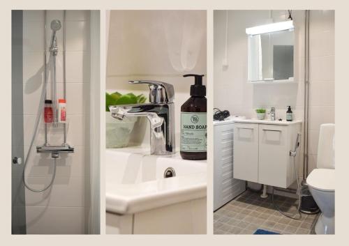 two pictures of a bathroom with a sink and a shower at Kodikas parvekkeellinen kaksio omalla parkkipaikalla in Kokkola