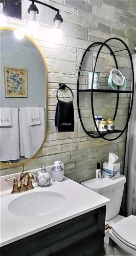 a bathroom with a sink and a mirror and a toilet at COZY-Quiet Cottage Pets Kitchen in Tallahassee