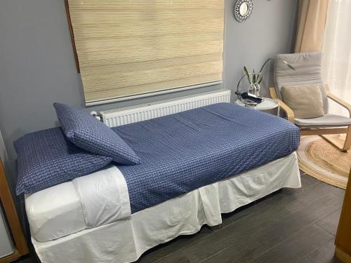 a bed with blue sheets and a chair in a room at Cabañas Bosque Austral in Punta Arenas