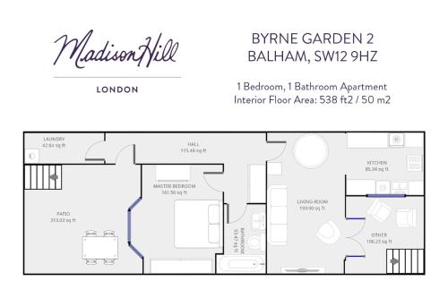 a floor plan of the malibu garden apartments at Madison Hill - Byrne Garden 2 - One bedroom home in London