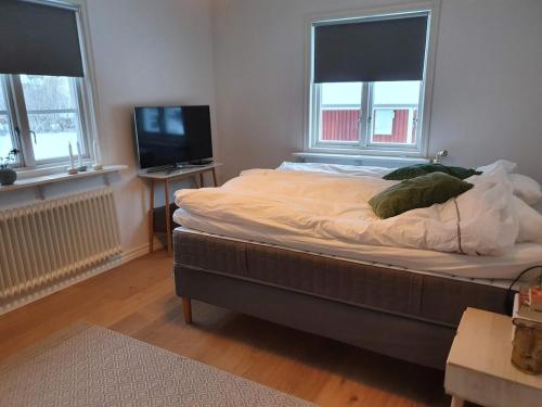 a bed in a room with two windows and a television at Cabin with pool, close to lake & perfect for autumn vacation in Sunnansjö