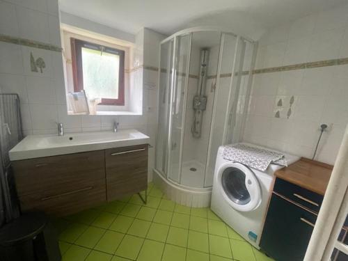 a bathroom with a shower and a sink and a toilet at Particulier loue 2 appartements communicants dans chalet à Samoëns jusqu à 16 couchages in Samoëns