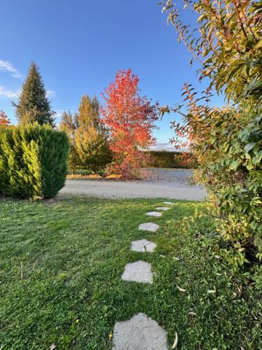 a stepping stone path in the grass in a yard at Domaine de la Noiseraie - Suites spacieuses in Belleville-sur-Saône
