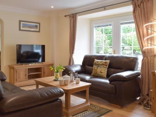a living room with a leather couch and a tv at Victoria House - Uk13380 in Llanstephan