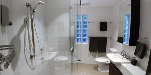 a bathroom with a shower and a toilet and a sink at Spacious Studio Surrounded By Great Views in Sydney