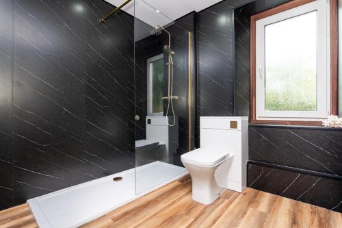a bathroom with a toilet and a shower at 2 Bedroom House - Free Parking in Annan