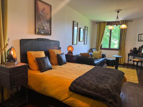 a bedroom with a large bed and a living room at Les Ruisseaux in Cauterets