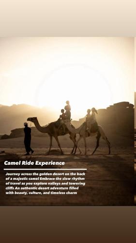 a poster of three people riding camels in the desert at Ramses luxury rum camp in Wadi Rum