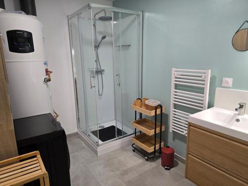 une salle de bain avec douche et lavabo dans l'établissement Ti Goéland 4 chambres Proche Mont St Michel, à Roz-sur-Couesnon