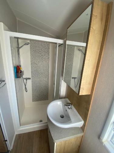 a bathroom with a sink and a shower and a mirror at Thornwick Bay Holiday Village - Holiday Accommodation 20633 in Flamborough