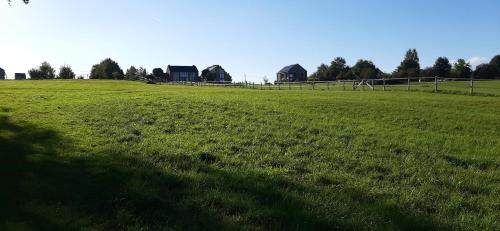 a field of green grass with houses in the background at B&B Domaine du Vieux Chêne in Stoumont