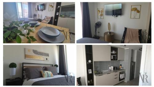 twee foto's van een slaapkamer en een woonkamer bij Santiago Estudio Moderno Movistar Arena/Metro Toesca in Santiago