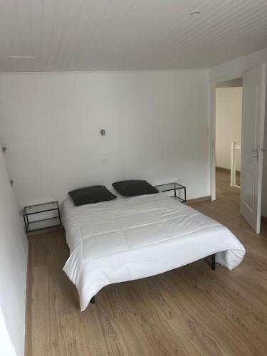 a white bedroom with a large white bed with black pillows at Maison familiale in Razès