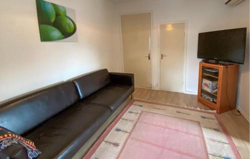 a living room with a black leather couch and a flat screen tv at 2 Bedroom Stunning Apartment In Bodafors in Bodafors