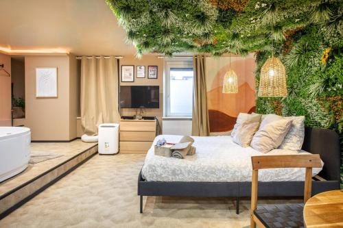a bedroom with a bed and a bathroom with a tub at Deluxe Studio, Désert Rose, jacuzzi, MULHOUSE CENTRE in Mulhouse