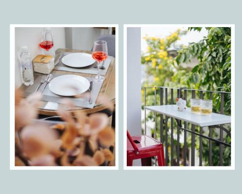 two pictures of a table with glasses of wine on a balcony at Margaery Boutique Apartment & Skyon9 Rooftop Bar in Hanoi