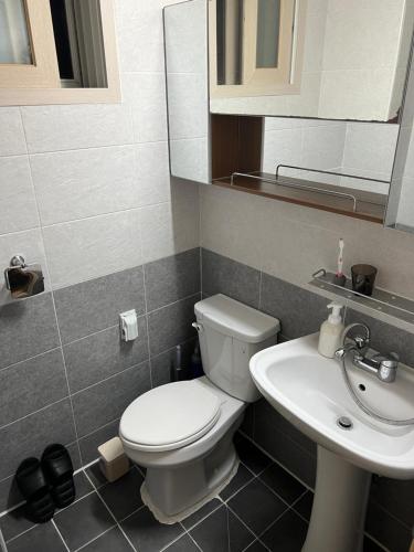 テジョンにある방있나요 풀옵션 레지던스 2호점 은행동,성심당, 대흥동 충대병원, 볼파크 Bangitnayo residence near Sungsimdang, ballparkの白いトイレと洗面台のあるバスルーム