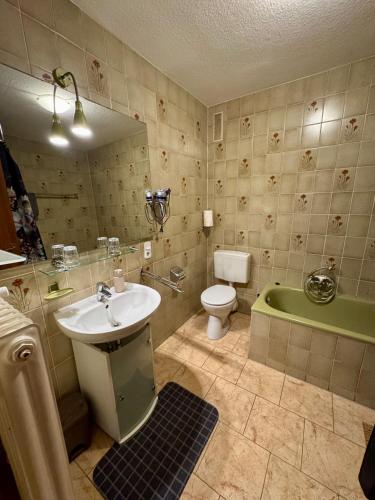 a bathroom with a sink and a toilet and a tub at Ferienwohnung am Rauenhübel in Völklingen