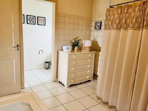 a bathroom with a shower curtain and a dresser at Hotel El Ciervo in Villarrica