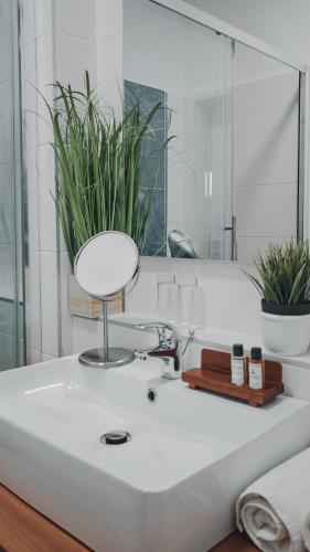 a bathroom with a white sink and a mirror at La Pergola & Prestige Panzió in Kaposvár