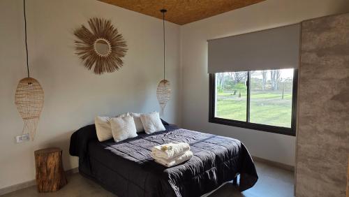 a bedroom with a bed with pillows and a window at Cabañas y Habitaciones Terra Nostra Complejo in General Alvear
