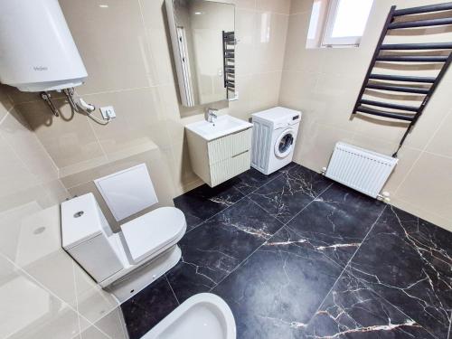 a bathroom with a toilet and a sink and a washing machine at BunApart Ciorescu Cristal in Ciorescu